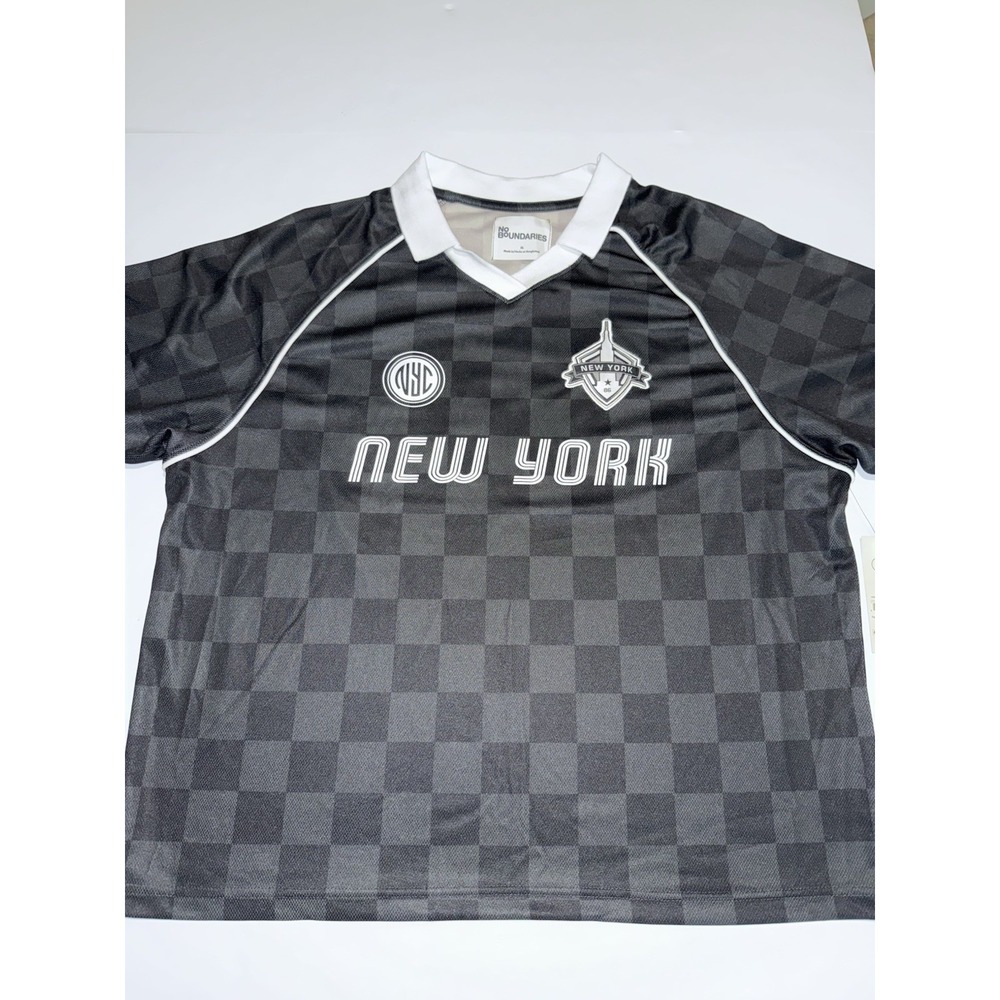 No Boundaries Men XL Soccer Jersey New York Black Checkered Collar USA NY NWT